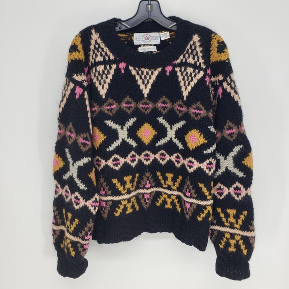 Vintage Sweaters - Vintage 90s Hand Knitted Wool Sweater Womens Sz Large Fair Isle Geometric Chunky